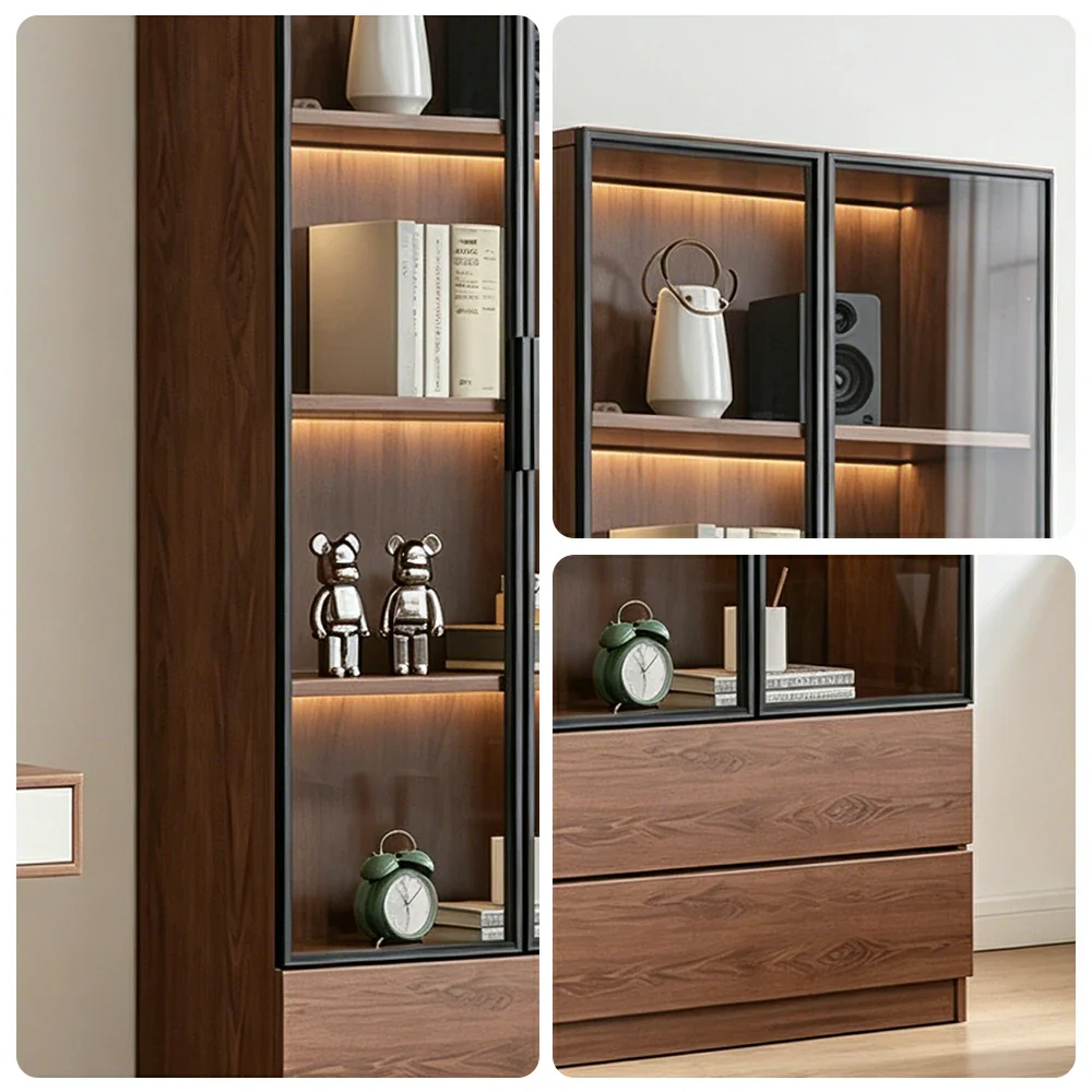 LIVARA 60/80cm Double Door Display Cabinet - Tempered Glass Storage with LED Lighting Slim Design for Living Room - Walnut - Image 3