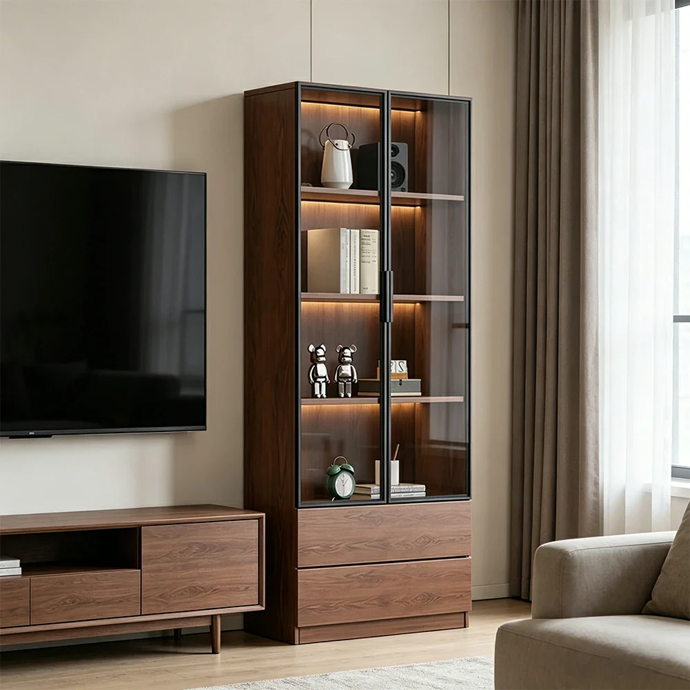 LIVARA 60/80cm Double Door Display Cabinet - Tempered Glass Storage with LED Lighting Slim Design for Living Room - Walnut - Image 4