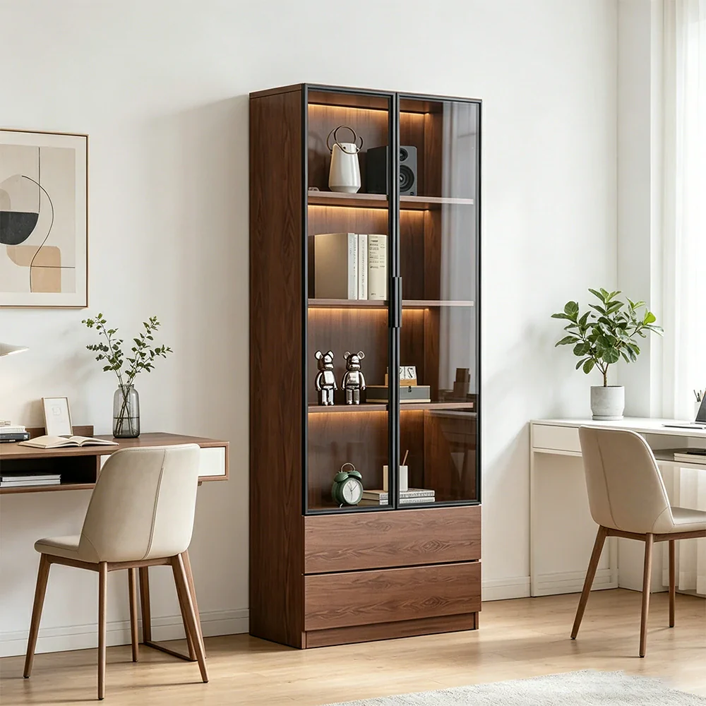 LIVARA 60/80cm Double Door Display Cabinet - Tempered Glass Storage with LED Lighting Slim Design for Living Room - Walnut - Image 5