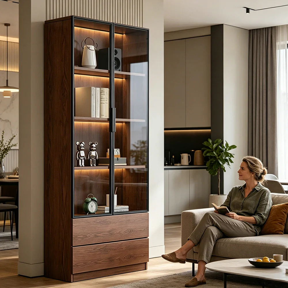 LIVARA 60/80cm Double Door Display Cabinet - Tempered Glass Storage with LED Lighting Slim Design for Living Room - Walnut - Image 6