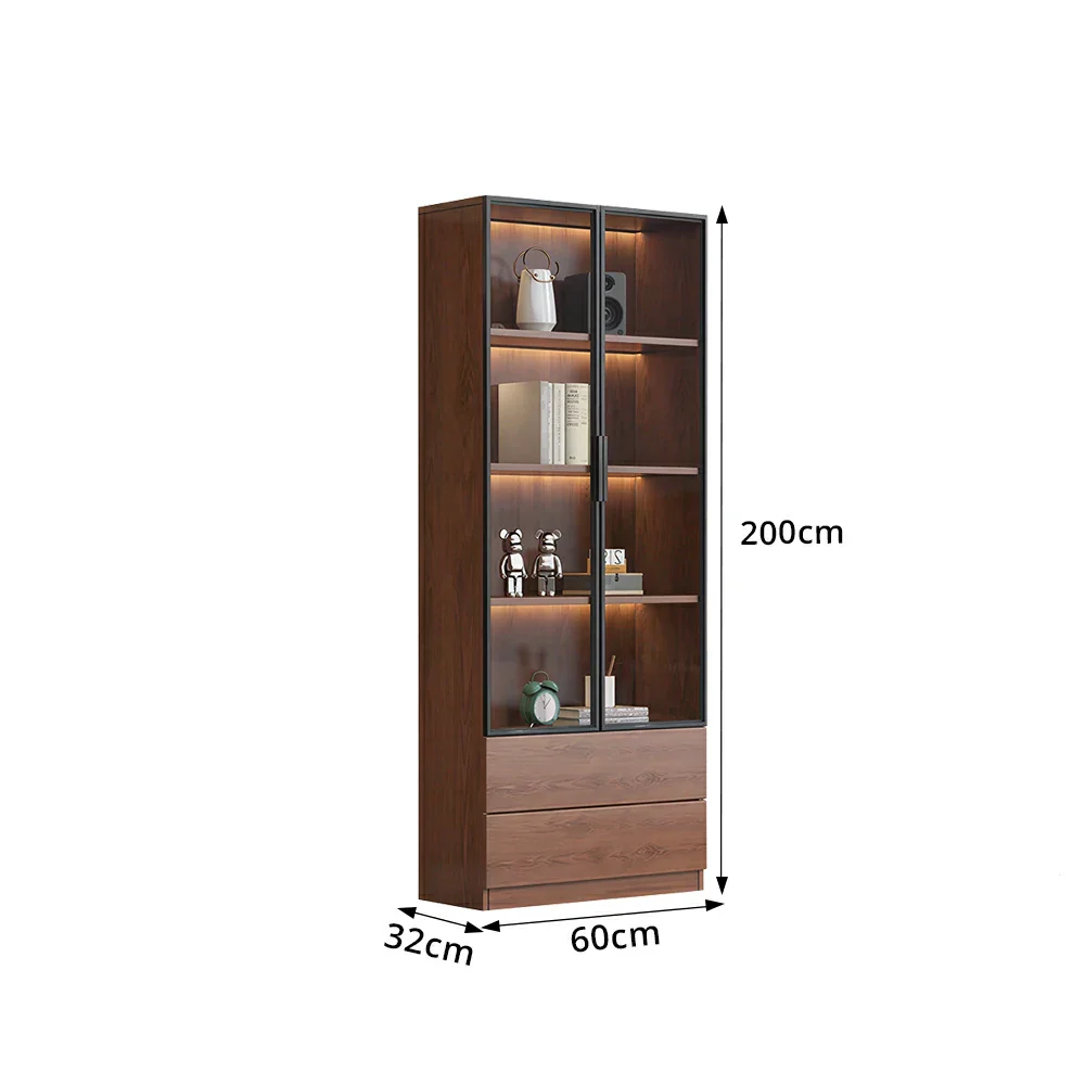 LIVARA 60/80cm Double Door Display Cabinet - Tempered Glass Storage with LED Lighting Slim Design for Living Room - Walnut - Image 7