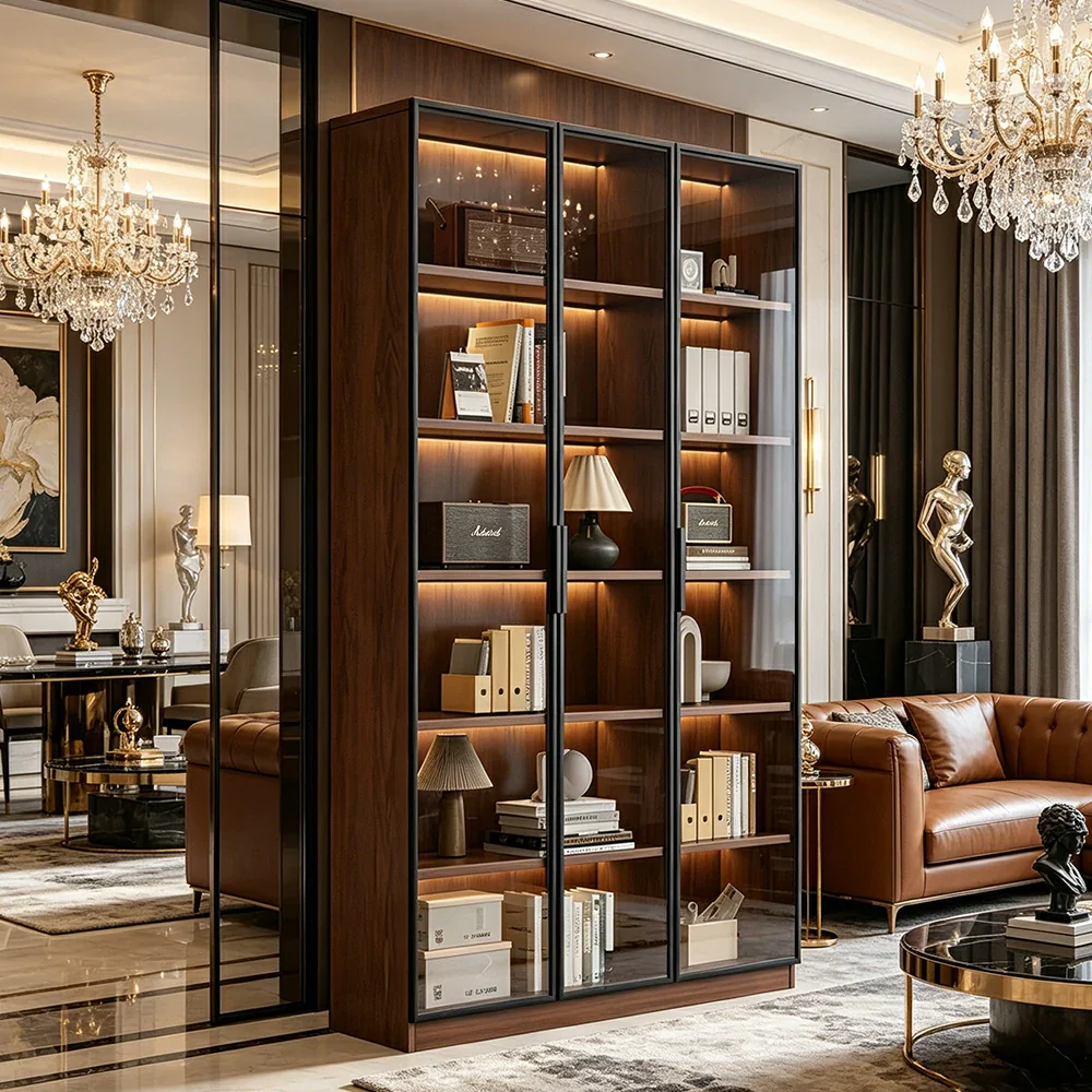 LIVARA 90cm Triple Door Display Cabinet - Tempered Glass Storage with LED Lighting for Living Room - Walnut - Image 4