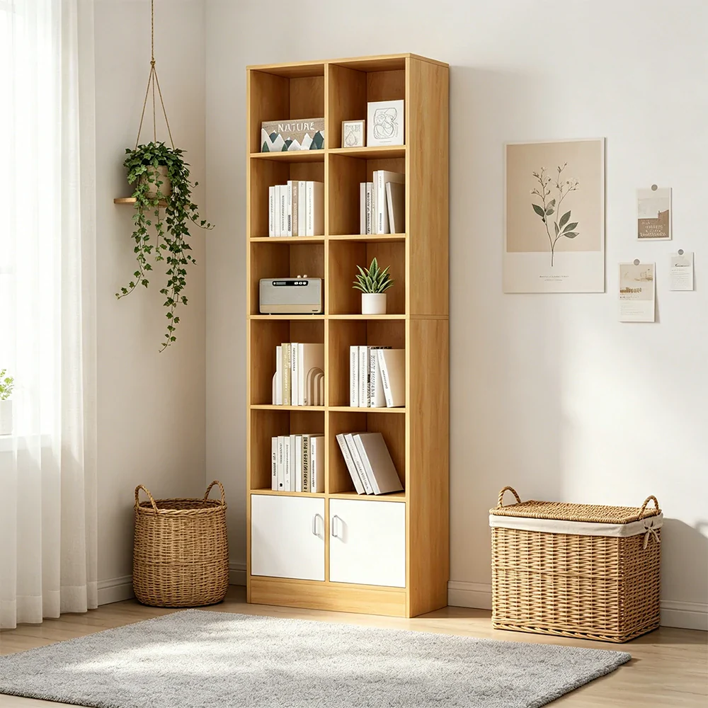 LIVARA Nordic Maple Bookcase 60/70cm - Multi-Tier Storage Cabinet with Doors & Back Panel for Living Room - Wood - Image 4