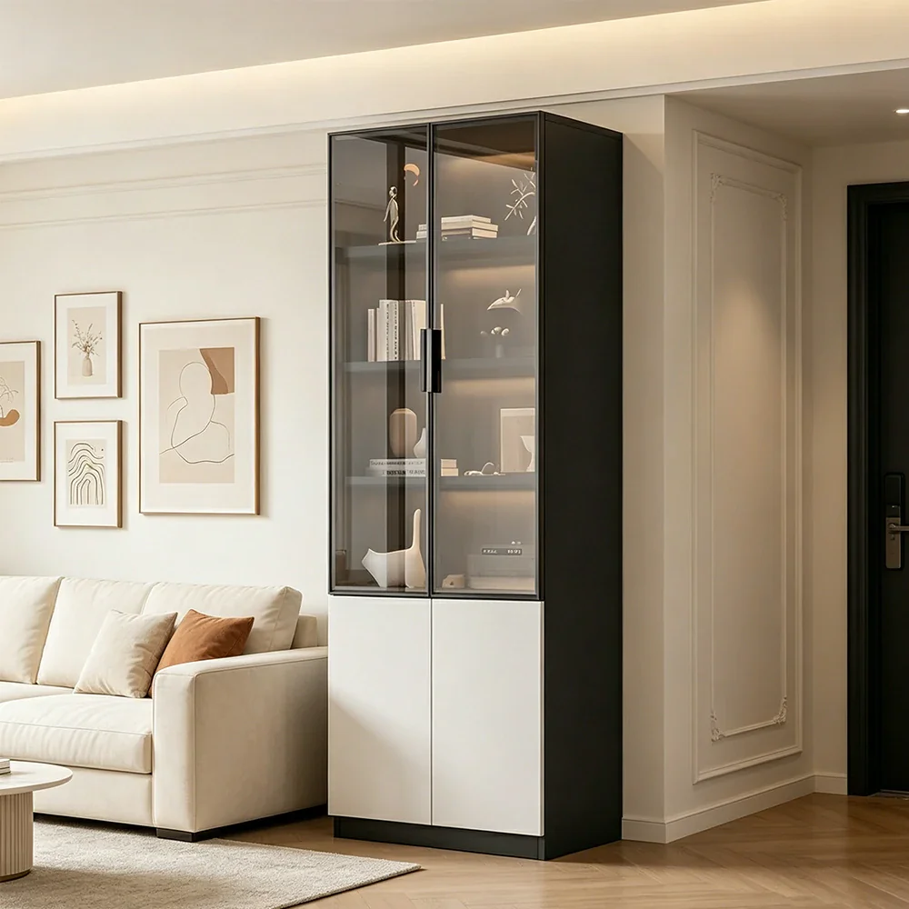 LIVARA Storage Cabinet - Honeycomb Aluminum Frame Glass Door Display Cabinet 60/80cm Living Room Storage - White & Grey - Image 4