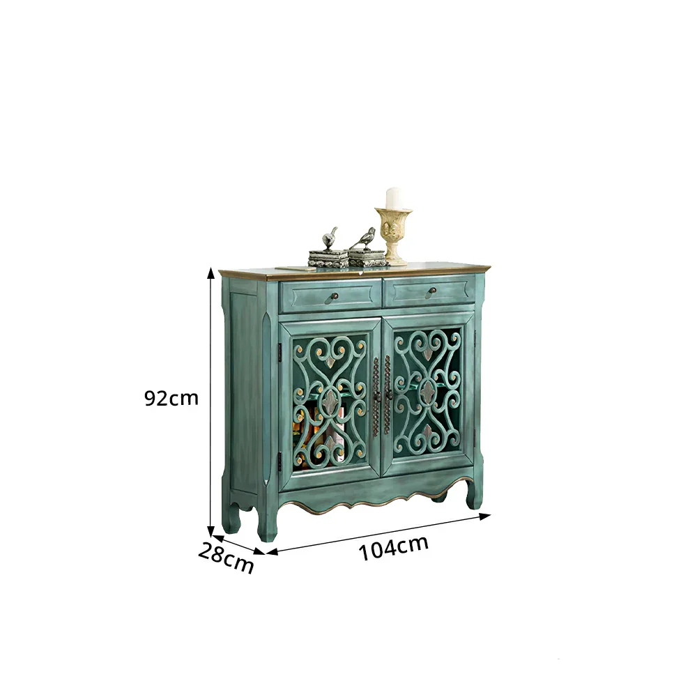 LIVARA Solid Wood 2 Door Sideboard Cabinet with Storage Vintage American Entryway Buffet 104cm - Distressed Blue - Image 8