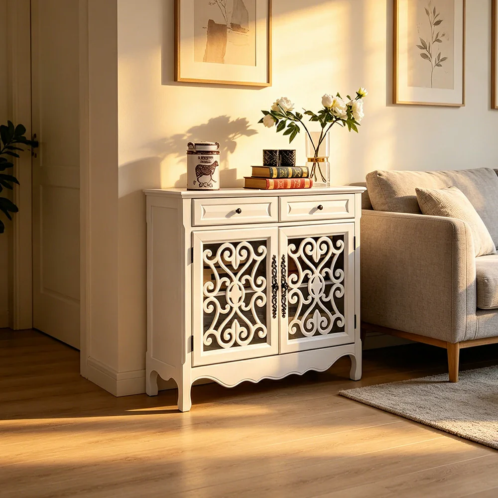 LIVARA Solid Wood 2 Door Sideboard Cabinet with Storage Vintage American Entryway Buffet 104cm - White - Image 4