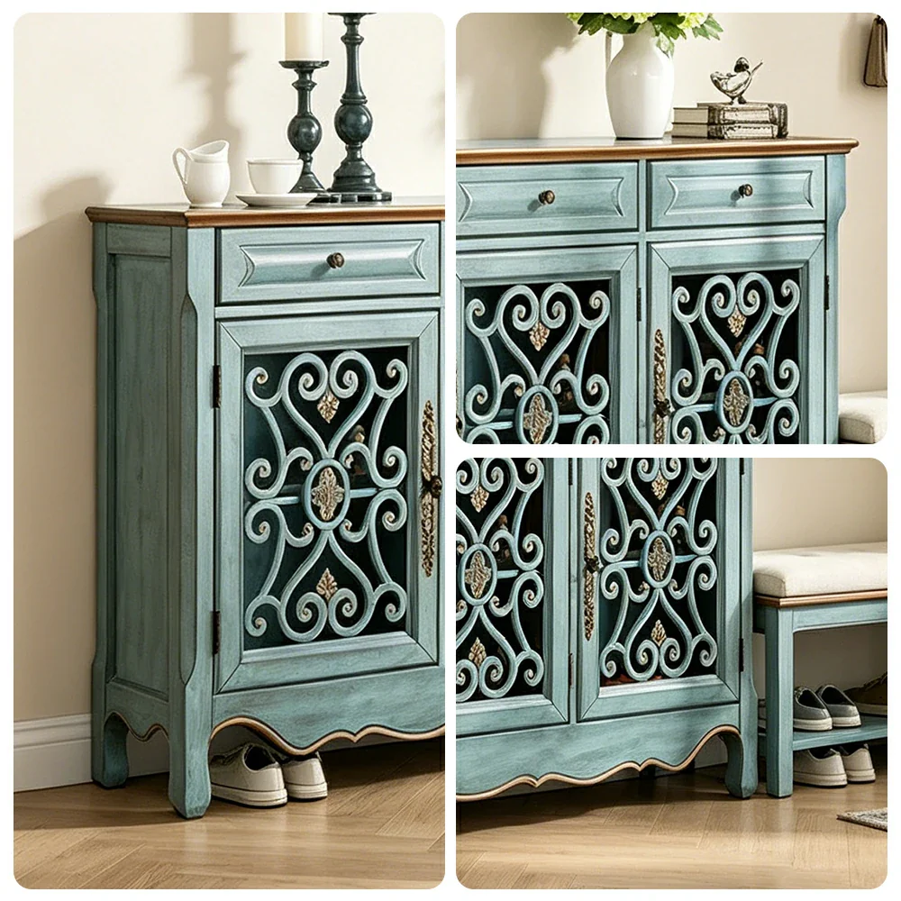 LIVARA Solid Wood 3 Door Sideboard Cabinet with Storage Vintage American Buffet Entryway Cabinet 153cm - Distressed Blue - Image 3