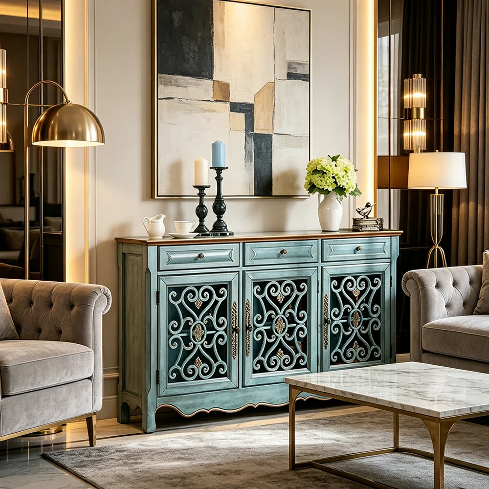 LIVARA Solid Wood 3 Door Sideboard Cabinet with Storage Vintage American Buffet Entryway Cabinet 153cm - Distressed Blue - Image 6