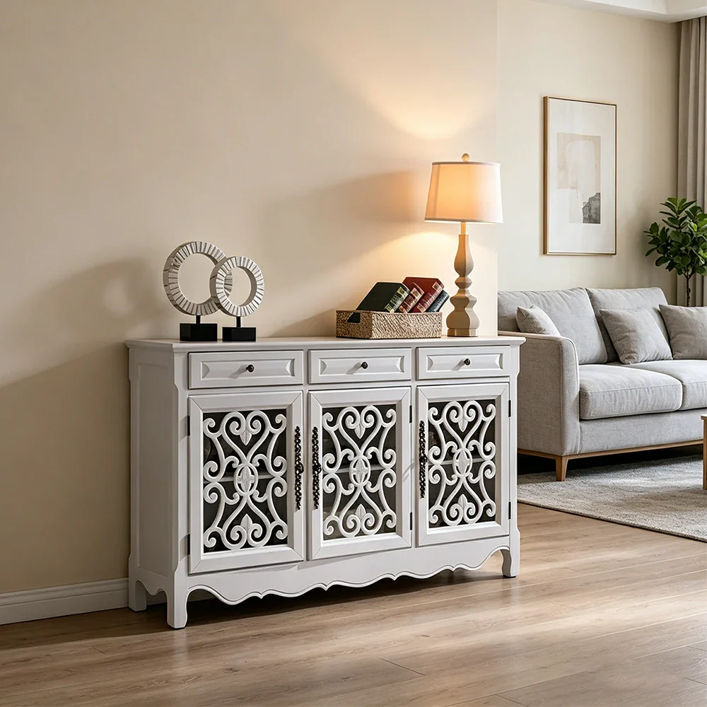 LIVARA Solid Wood 3 Door Sideboard Cabinet with Storage Vintage American Buffet Entryway Cabinet 153cm - White - Image 4