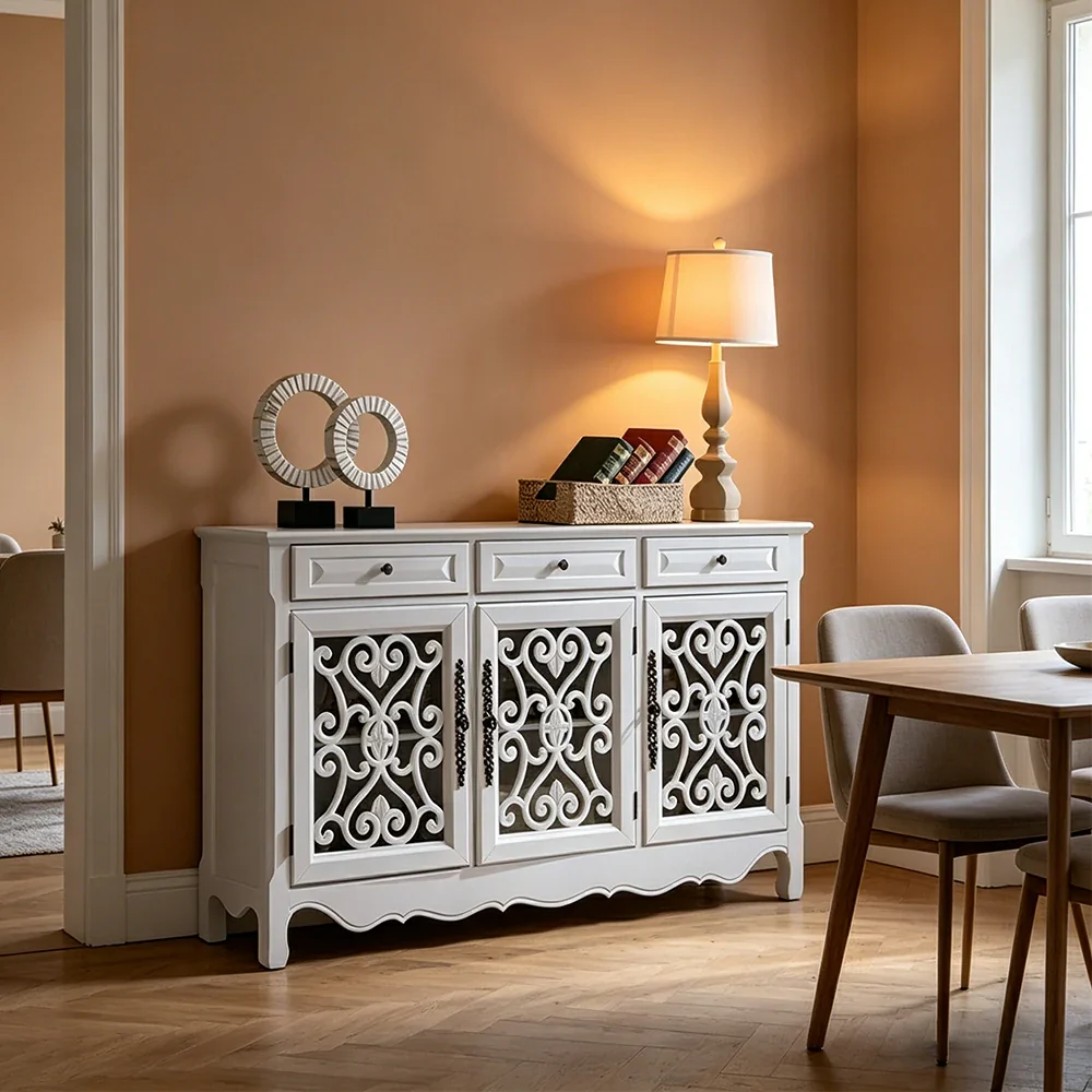 LIVARA Solid Wood 3 Door Sideboard Cabinet with Storage Vintage American Buffet Entryway Cabinet 153cm - White - Image 6