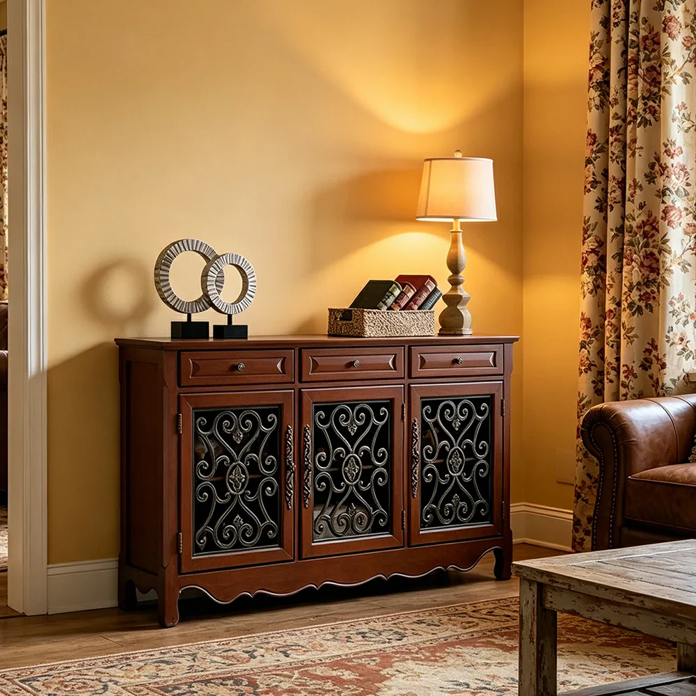 LIVARA Solid Wood 3 Door Sideboard Cabinet with Storage Vintage American Buffet Entryway Cabinet 153cm - Brown - Image 4
