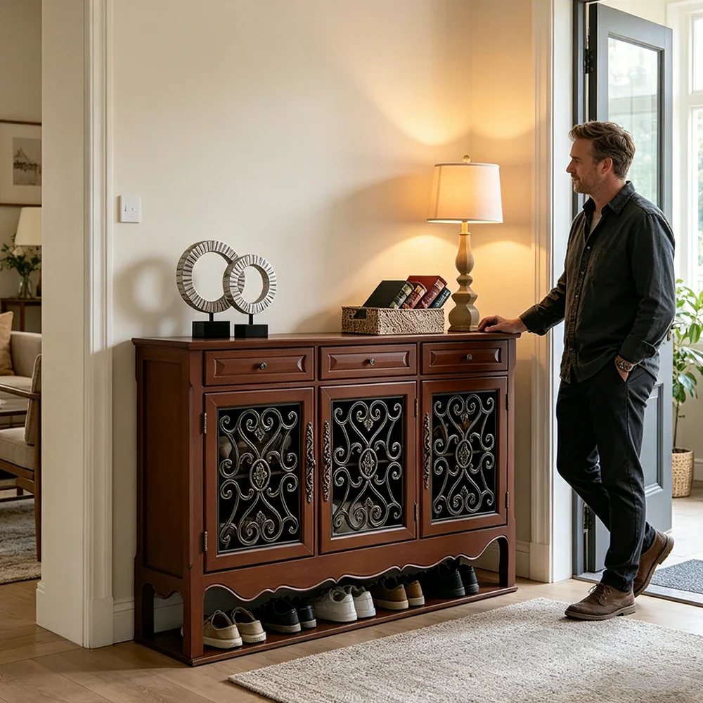 LIVARA Solid Wood 3 Door Sideboard Cabinet with Storage Vintage American Buffet Entryway Cabinet 153cm - Brown - Image 7