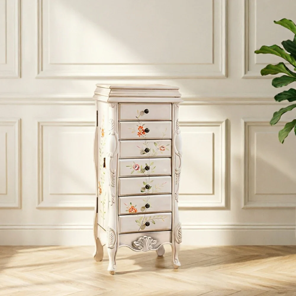 LIVARA Solid Wood 7 Drawer Storage Cabinet with Hand Painted Design Vintage Bedroom Chest 43.8cm - White - Image 5