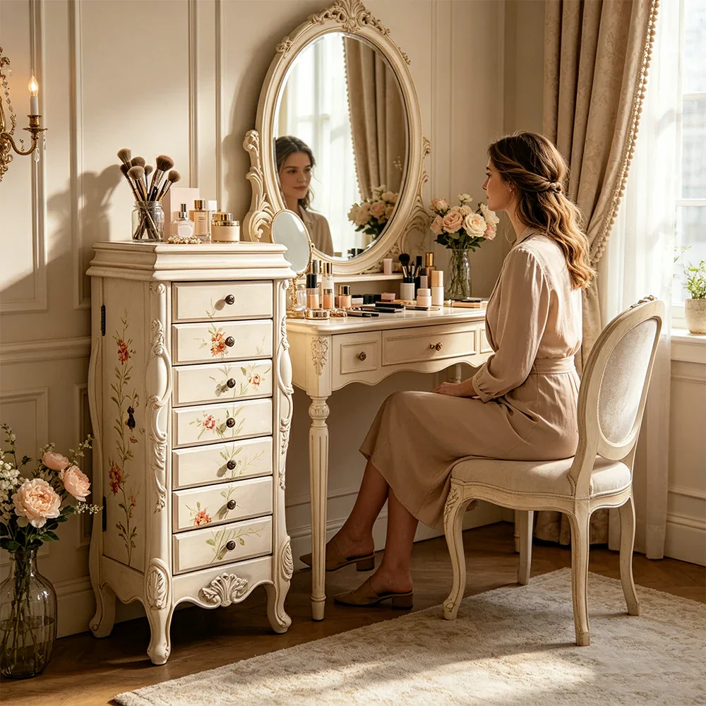 LIVARA Solid Wood 7 Drawer Storage Cabinet with Hand Painted Design Vintage Bedroom Chest 43.8cm - White - Image 7