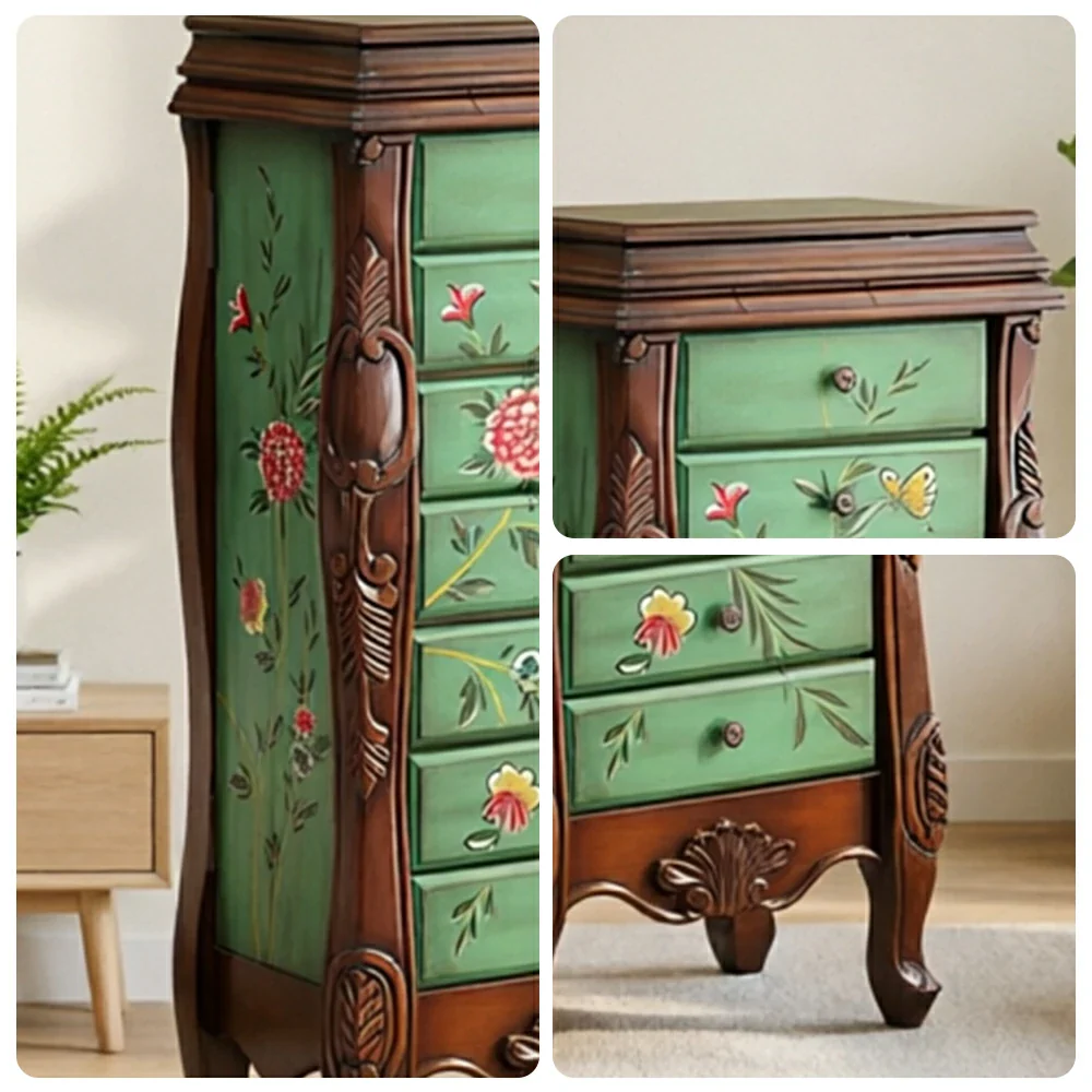 LIVARA Solid Wood 7 Drawer Storage Cabinet with Hand Painted Design Vintage Bedroom Chest 43.8cm - Dark Green - Image 3