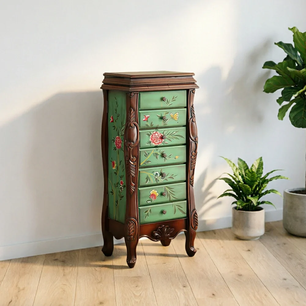 LIVARA Solid Wood 7 Drawer Storage Cabinet with Hand Painted Design Vintage Bedroom Chest 43.8cm - Dark Green - Image 5