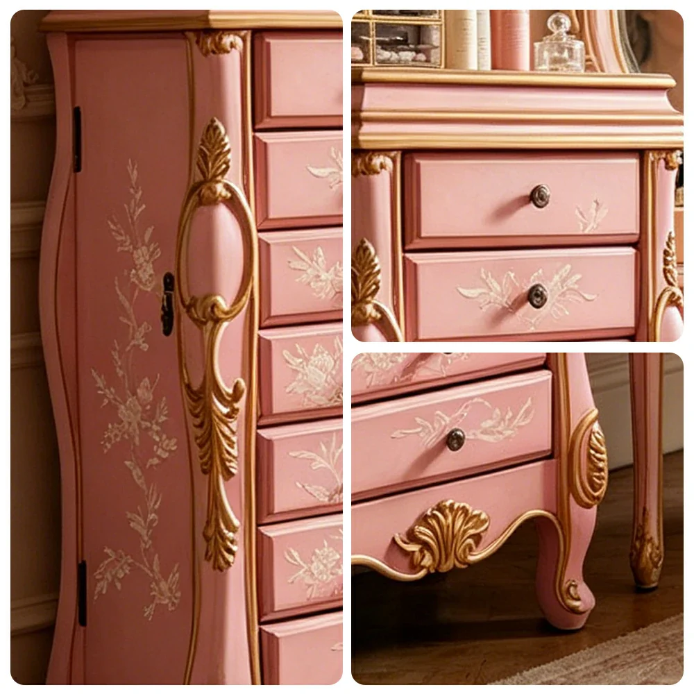 LIVARA Solid Wood 7 Drawer Storage Cabinet with Hand Painted Design Vintage Bedroom Chest 43.8cm - Pink - Image 3