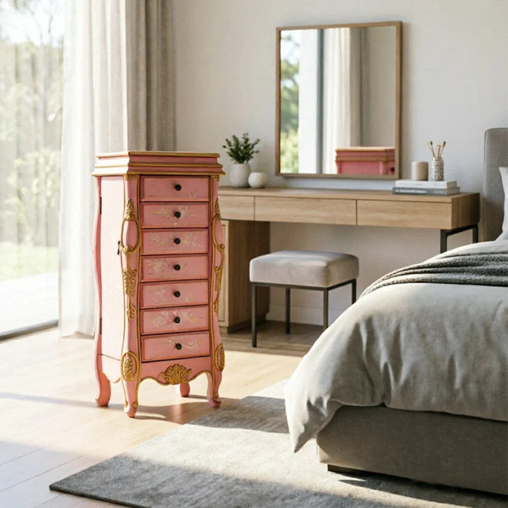 LIVARA Solid Wood 7 Drawer Storage Cabinet with Hand Painted Design Vintage Bedroom Chest 43.8cm - Pink - Image 5