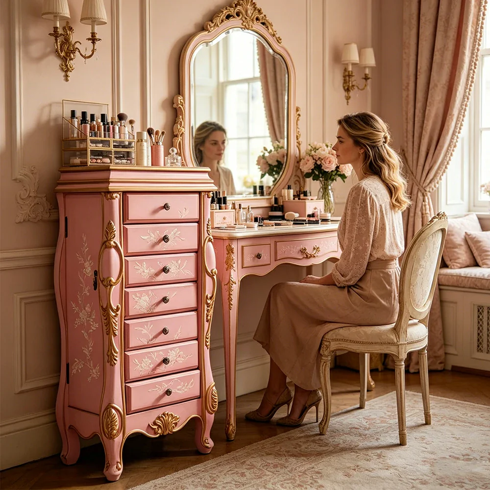 LIVARA Solid Wood 7 Drawer Storage Cabinet with Hand Painted Design Vintage Bedroom Chest 43.8cm - Pink - Image 6