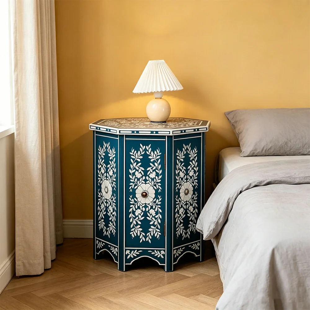 LIVARA Solid Wood Accent Side Table with Hand Painted Vintage Design American Style End Table 56cm - Blue - Image 5