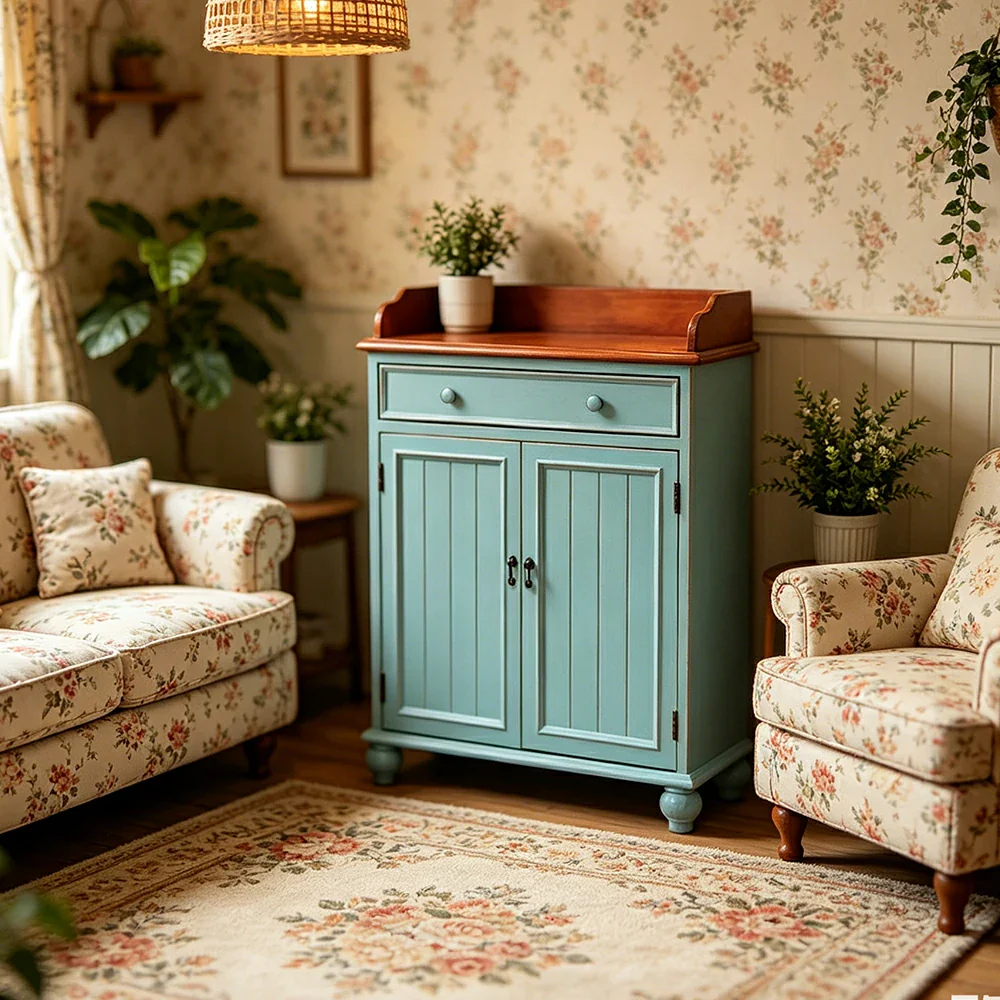 LIVARA Vintage Solid Wood Sideboard Cabinet Hand-Painted Storage Organizer for Entryway Dining Room - Blue - Image 2