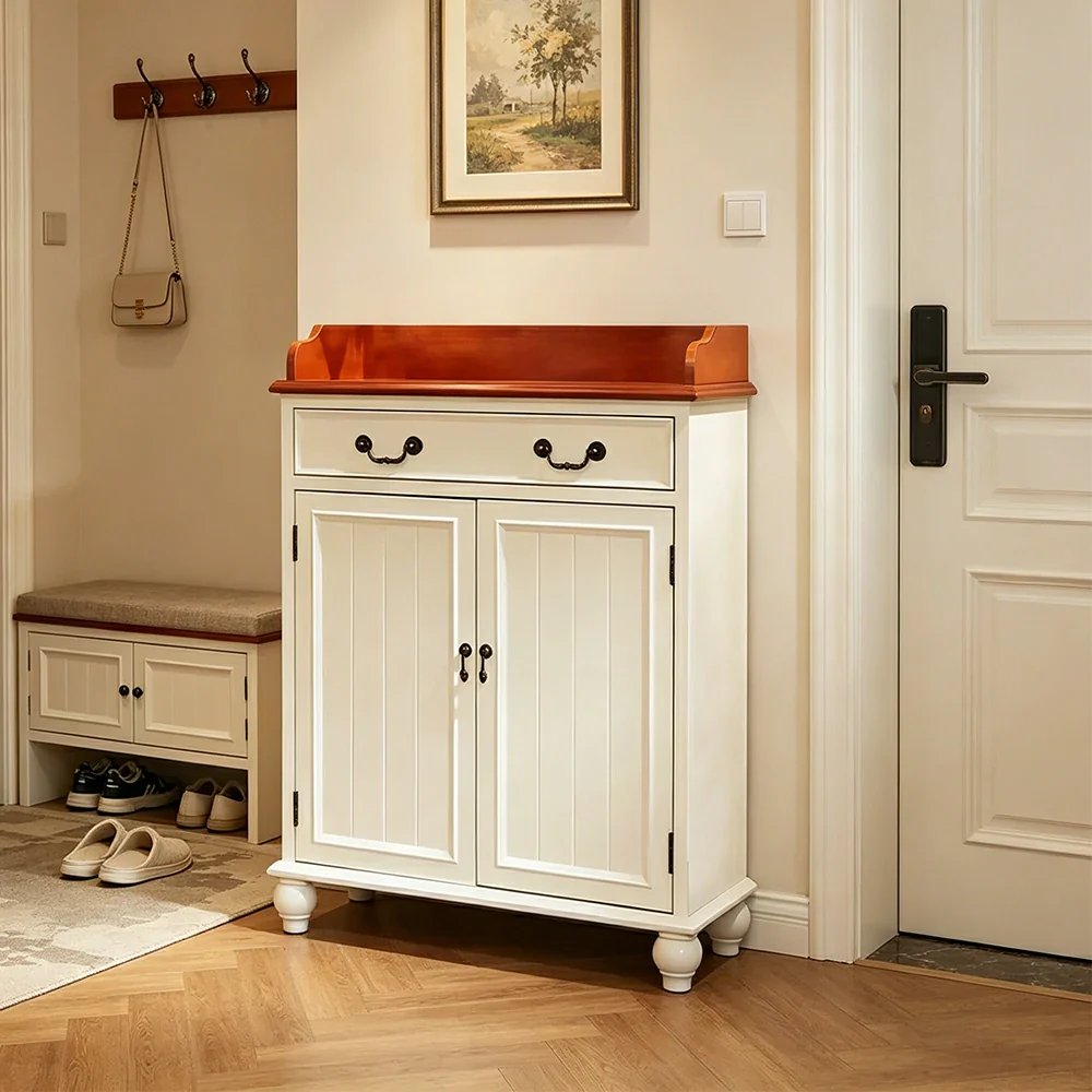 LIVARA Vintage Solid Wood Sideboard Cabinet Hand-Painted Storage Organizer for Entryway Dining Room - White - Image 2