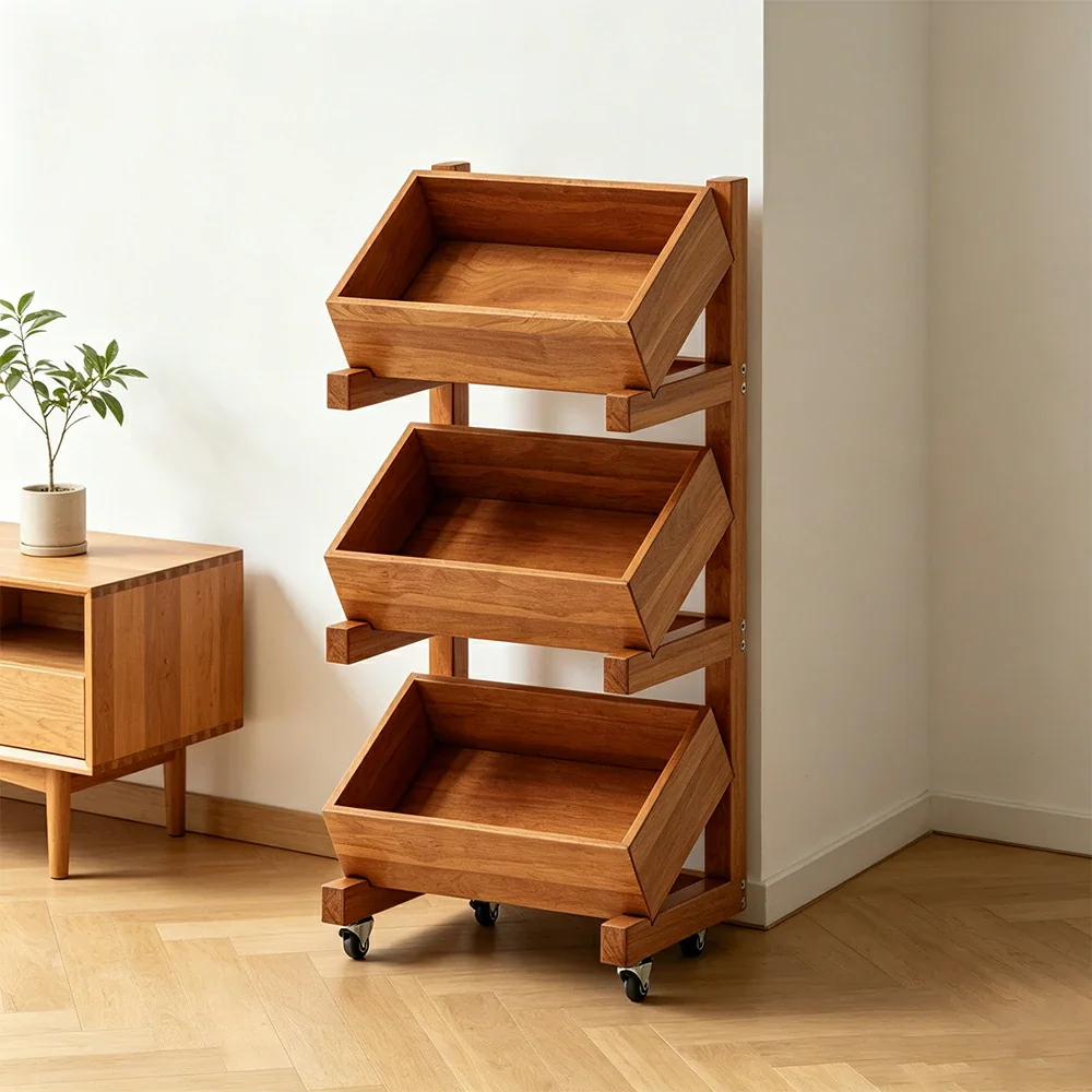 LIVARA 3 Tier Solid Wood Snack Storage Rack Rolling Organizer for Kitchen Dining Room - Cherry - Image 2