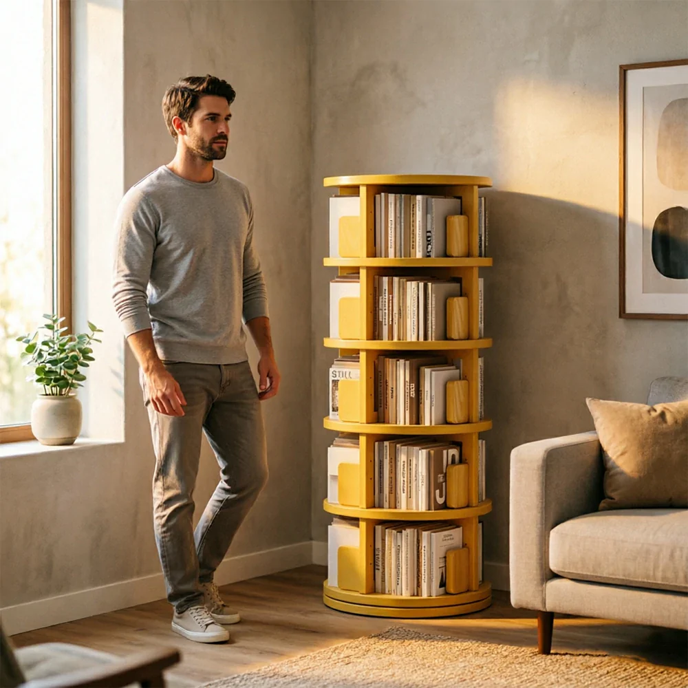 LIVARA Rotating Bookshelf Space Saving Solid Wood Storage Ideal for Apartments & Study Corners - Yellow - Image 6