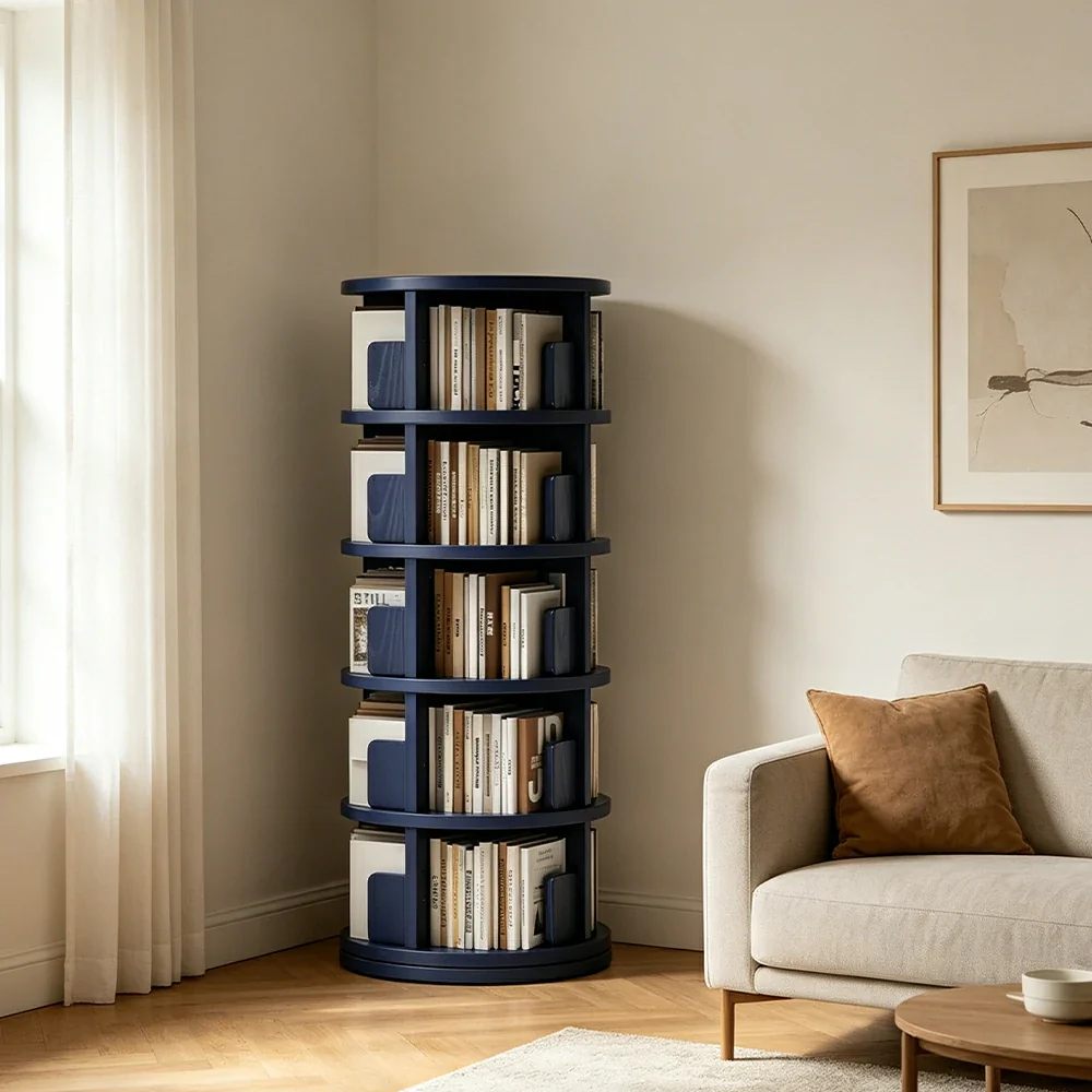 LIVARA Rotating Bookshelf Space Saving Solid Wood Storage Ideal for Apartments & Study Corners - Blue - Image 4