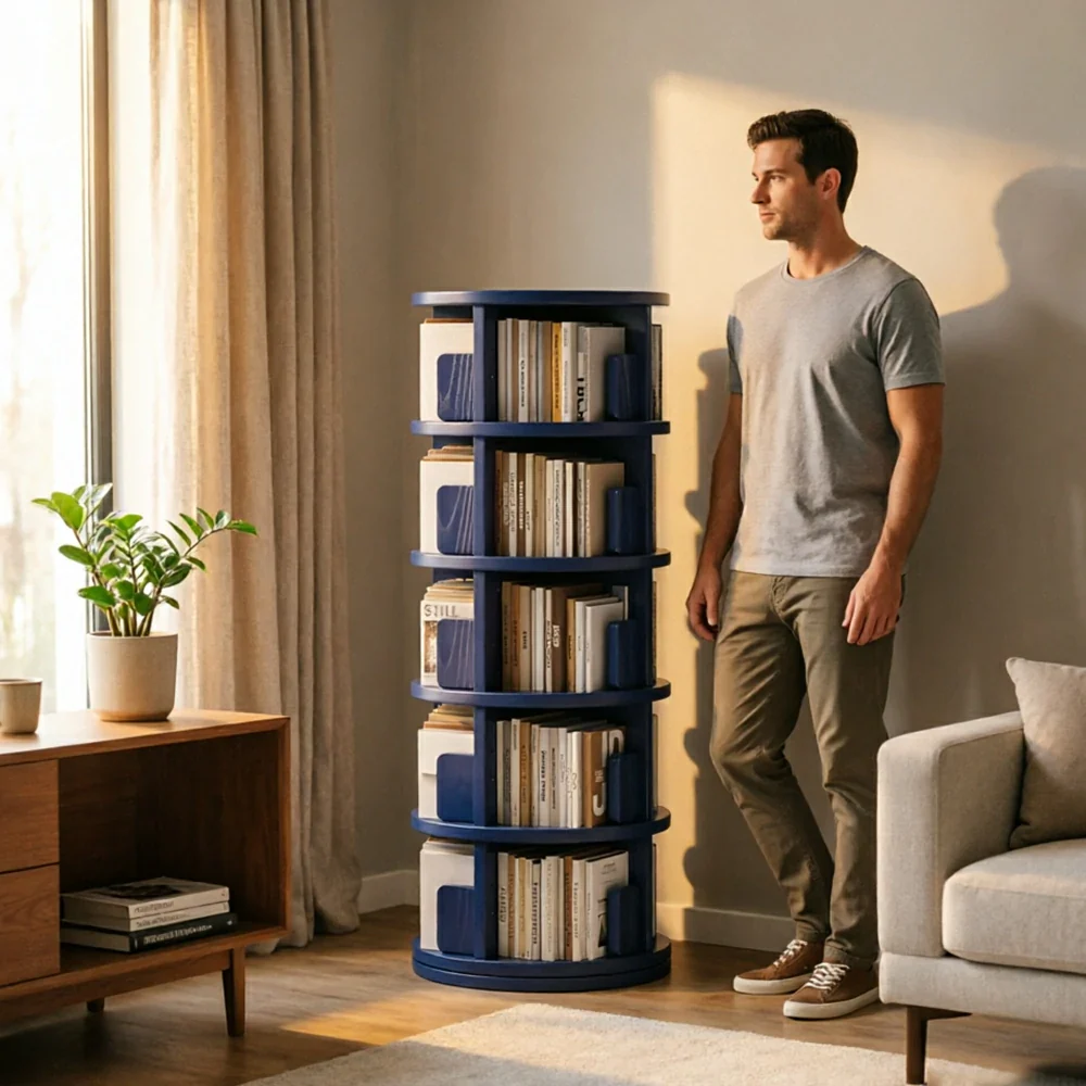 LIVARA Rotating Bookshelf Space Saving Solid Wood Storage Ideal for Apartments & Study Corners - Blue - Image 7