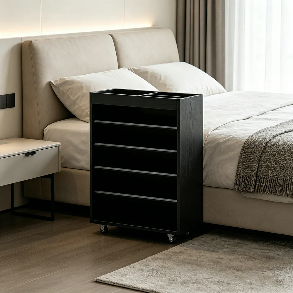 LIVARA Rolling Storage Cabinet Layered Solid Wood Organizer for Small Spaces Living Room & Bedroom - Black - Image 4