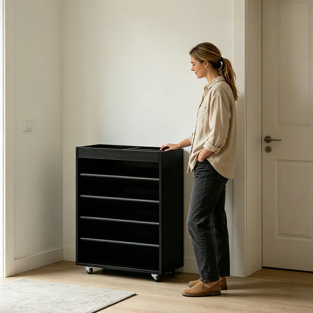 LIVARA Rolling Storage Cabinet Layered Solid Wood Organizer for Small Spaces Living Room & Bedroom - Black - Image 6