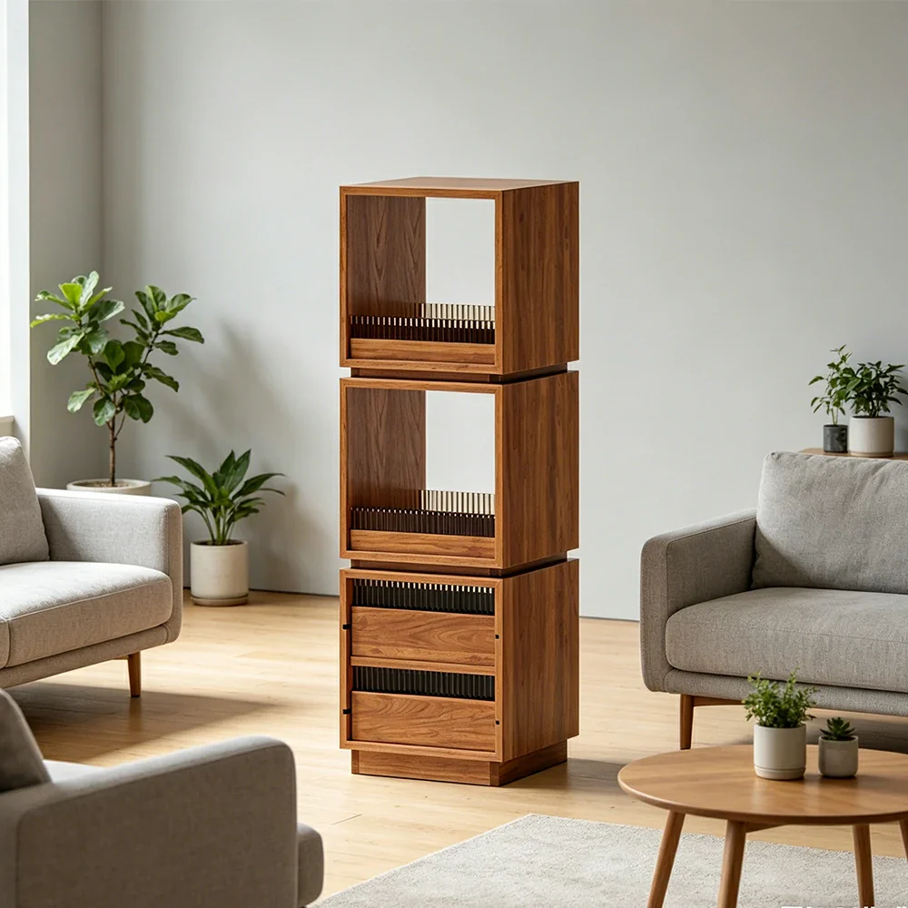 LIVARA Mobile Drawer Cabinet Solid Wood Storage Shelf with Glass Panels for Living Room Bedroom & Study - Cherry - Image 4