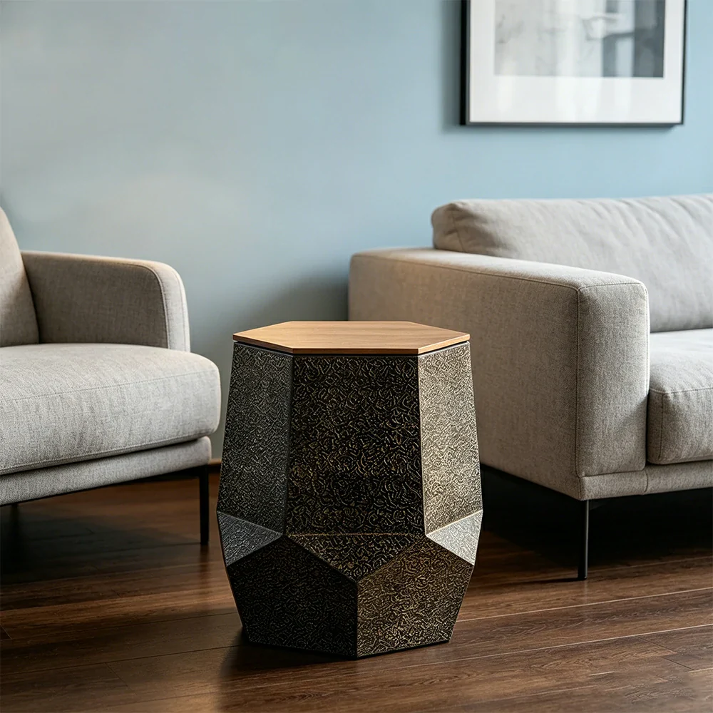 LIVARA Hollow Geometric Coffee Table with Vintage Distressed Finish 45cm Living Room Side Table - Antique Gold - Image 4