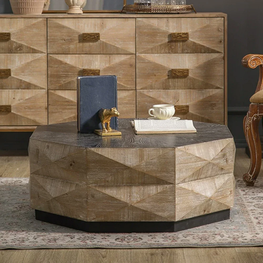 LIVARA Vintage Distressed Solid Wood Coffee Table with Geometric Base 90cm Living Room Centre Table - Natural Wood - Image 2