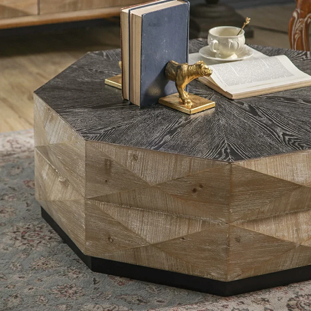 LIVARA Vintage Distressed Solid Wood Coffee Table with Geometric Base 90cm Living Room Centre Table - Natural Wood - Image 3