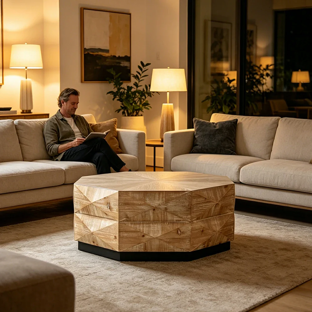 LIVARA Vintage Distressed Solid Wood Coffee Table with Geometric Base 90cm Living Room Centre Table - Natural Wood - Image 5