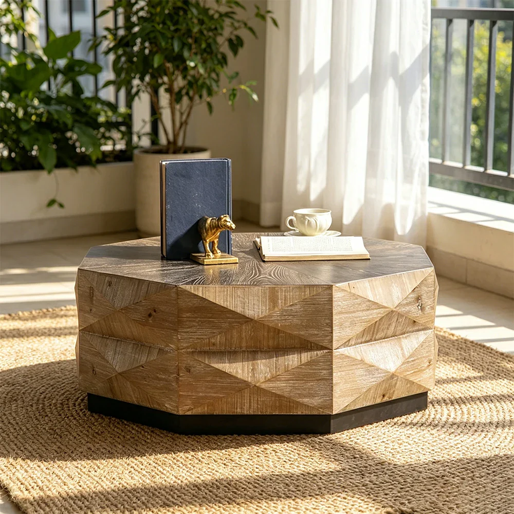 LIVARA Vintage Distressed Solid Wood Coffee Table with Geometric Base 90cm Living Room Centre Table - Natural Wood - Image 6
