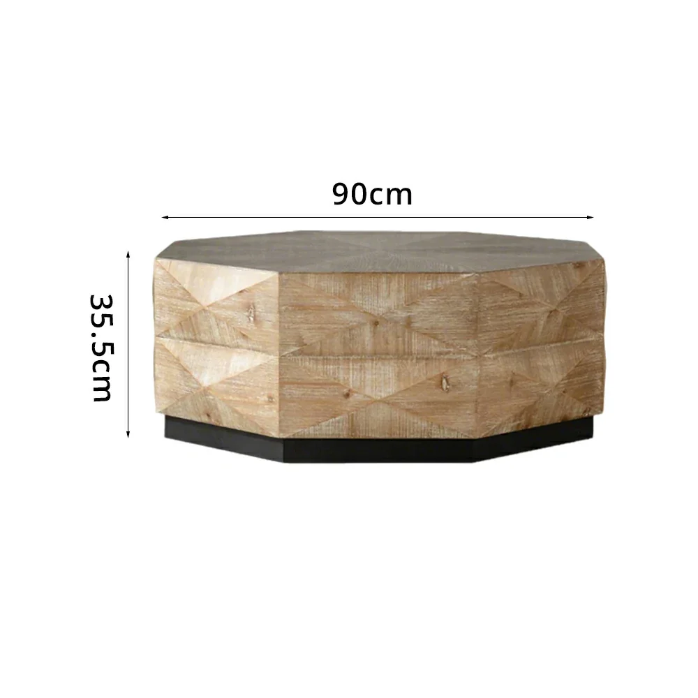 LIVARA Vintage Distressed Solid Wood Coffee Table with Geometric Base 90cm Living Room Centre Table - Natural Wood - Image 7
