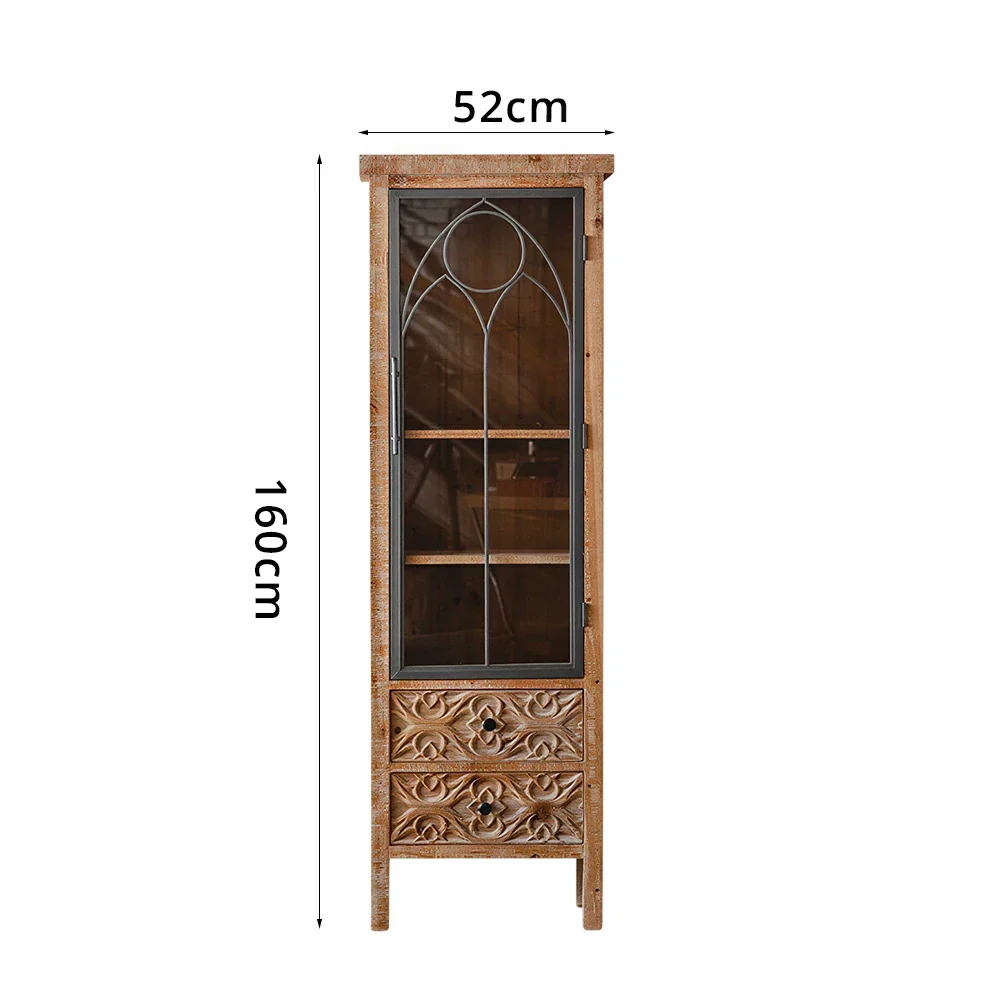 LIVARA Vintage Distressed Carved Glass Door Wine Cabinet 160cm Entryway Display Storage Cabinet - Natural Wood - Image 6