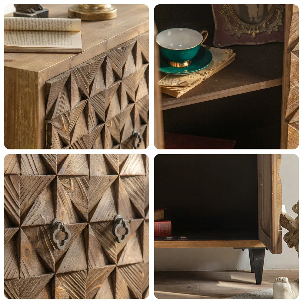 LIVARA Vintage Distressed Geometric Panel Entryway Cabinet 78cm Hallway Storage Sideboard - Natural Wood - Image 3