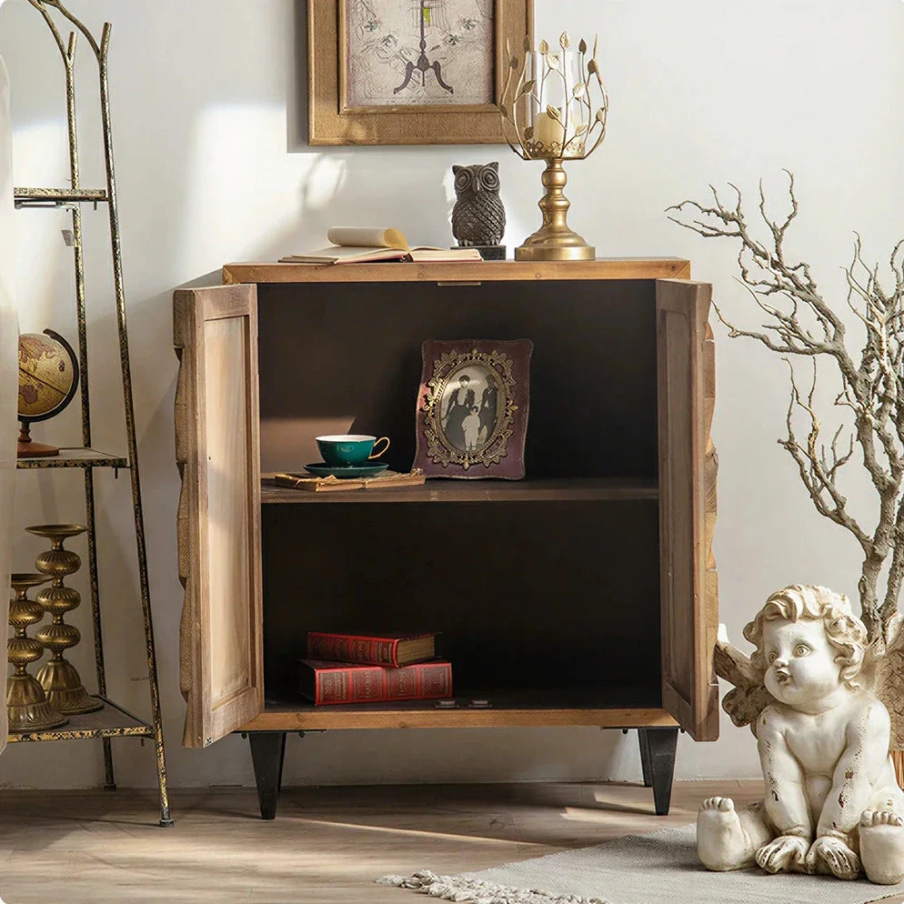 LIVARA Vintage Distressed Geometric Panel Entryway Cabinet 78cm Hallway Storage Sideboard - Natural Wood - Image 4