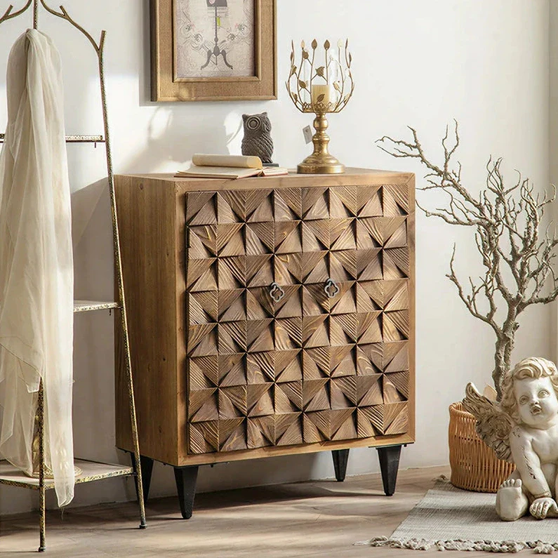 LIVARA Vintage Distressed Geometric Panel Entryway Cabinet 78cm Hallway Storage Sideboard - Natural Wood - Image 5