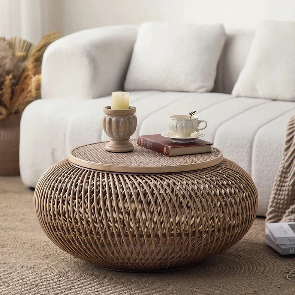 LIVARA Round Rattan Coffee Table - Removable Lid Hidden Storage 72cm Woven Design for Living Room Lounge - Natural - Image 4