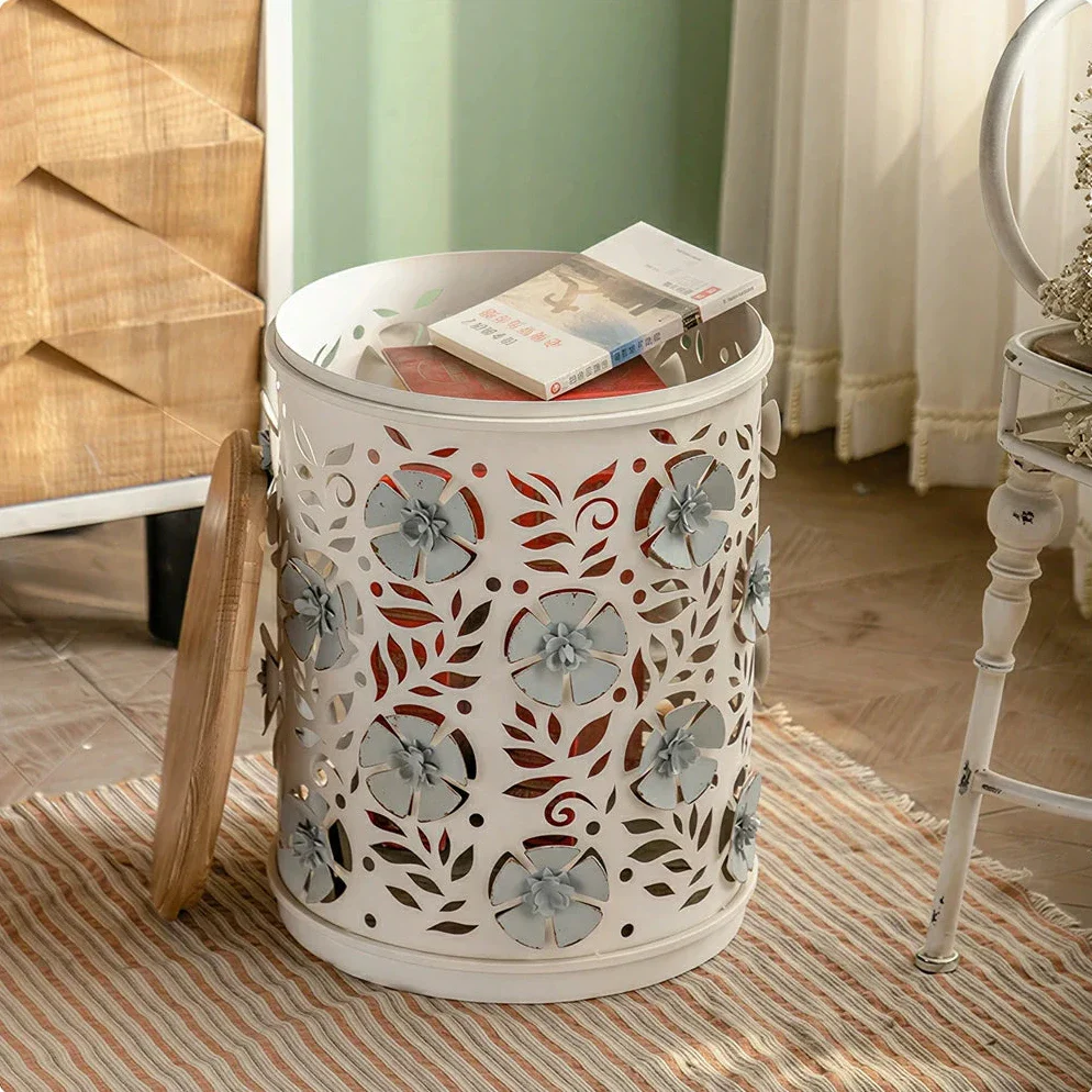 LIVARA Vintage Iron Side Table - Carved Floral Hidden Storage 38cm for Living Room Bedroom - White - Image 4