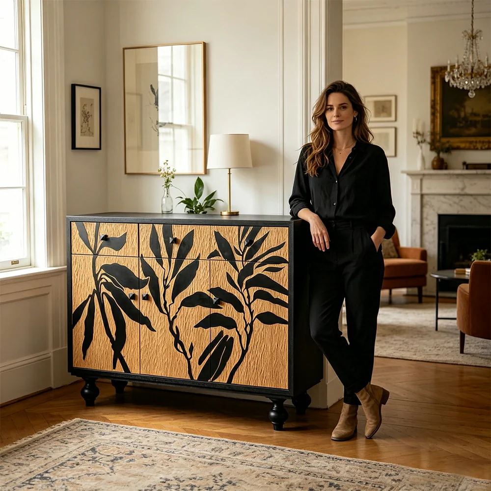 LIVARA Vintage Entryway Cabinet - Botanical Print Wood Grain Storage Sideboard 116cm for Hallway Living Room - Natural Black - Image 6