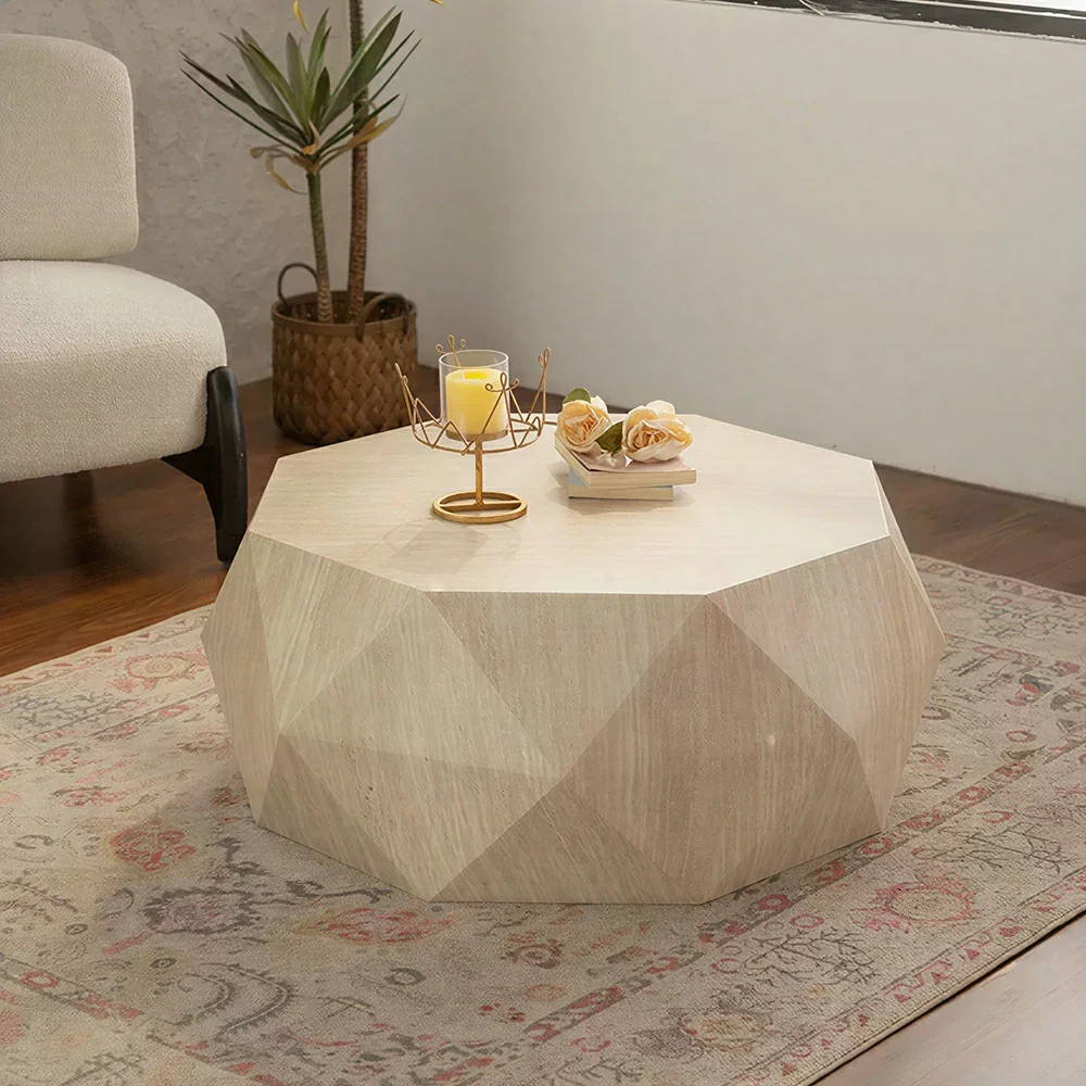 LIVARA Travertine Look Coffee Table - Geometric Diamond Design 95cm for Living Room Lounge - Cream - Image 2