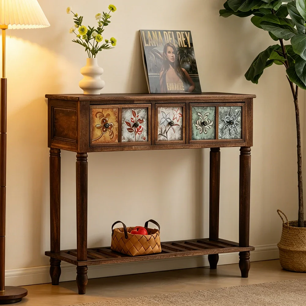LIVARA Vintage Console Table - 5 Painted Panels 3 Drawers Solid Wood Storage 100cm for Entryway - Burnt Floral - Image 4