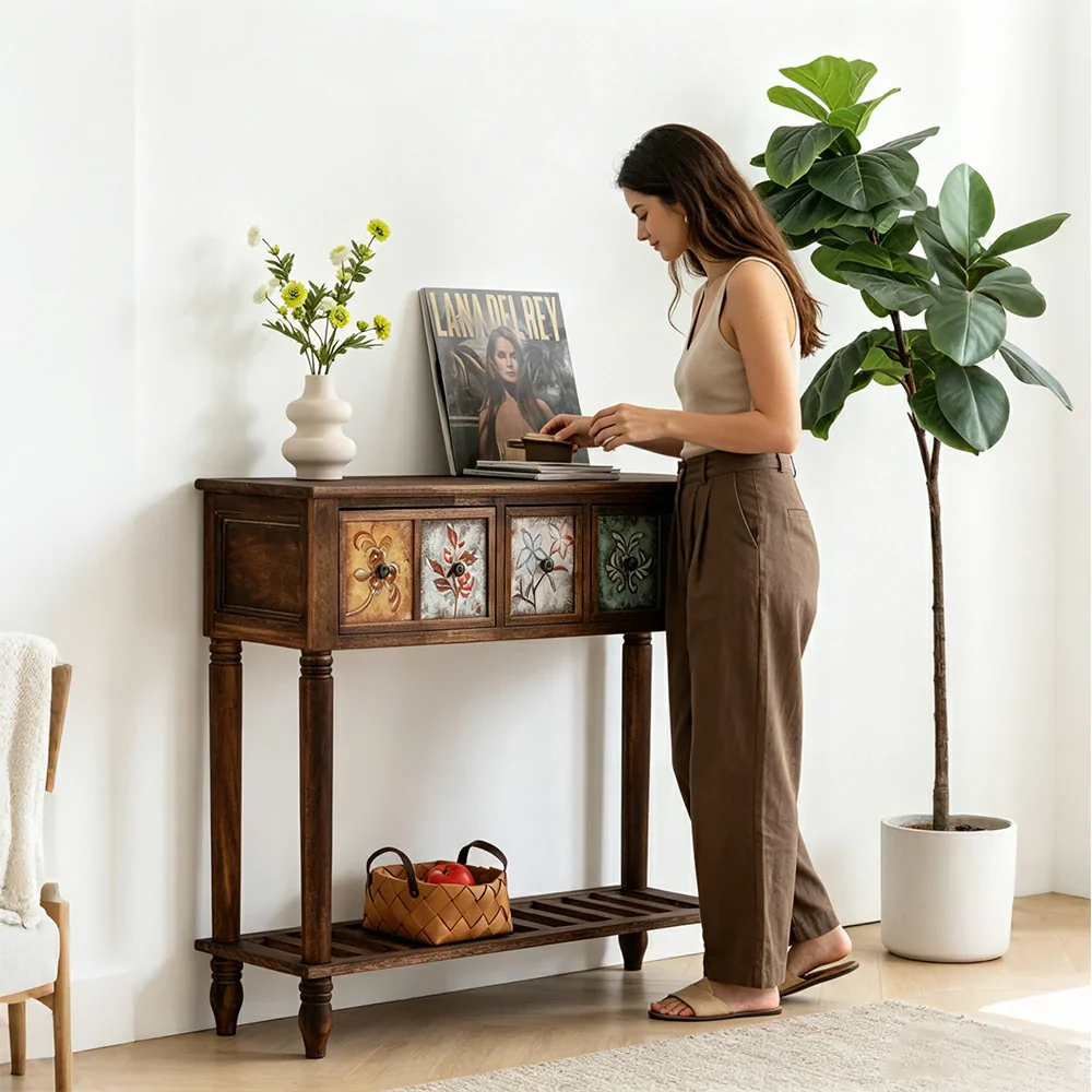 LIVARA Vintage Console Table - 5 Painted Panels 3 Drawers Solid Wood Storage 100cm for Entryway - Burnt Floral - Image 6
