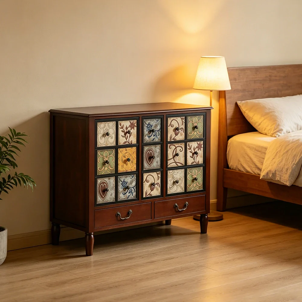 LIVARA American Vintage Storage Cabinet - Solid Wood Painted 11-Drawer Chest with 15 Panels - 100cm Entryway Cabinet - Reddish Brown - Image 5